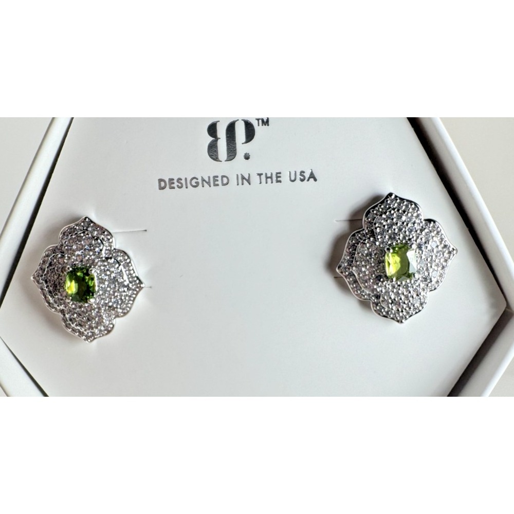 Bomb Party August Earrings ER11756 "Dusted Glimmering Ferns" Peridot on Rhodium